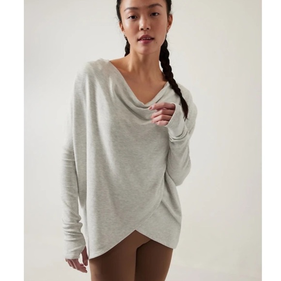 ATHLETA PURANA WRAP COZY SWEATSHIRT SWEATER HEATHERED GRAY RIBBED SLEEVE - Picture 1 of 10